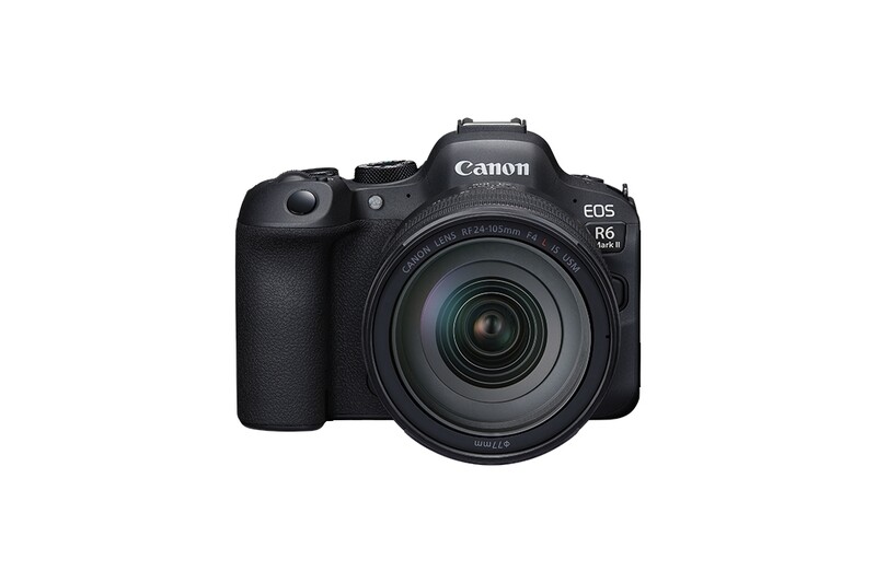 Canon EOS R6 Mark II mirrorless camera with attached zoom lens, shown against white background.