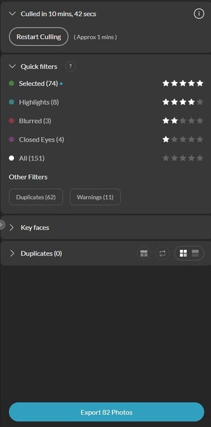 Screenshot of photo editing software filter and effects panel with rating stars and adjustment options.