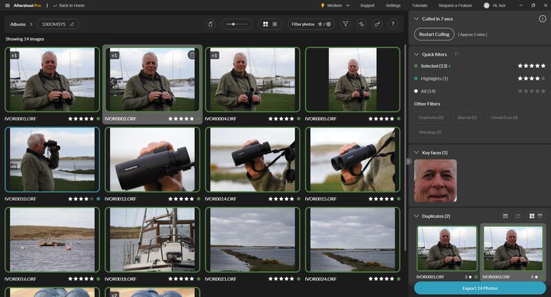 Screenshot of Affinity Photo showing a contact sheet grid of wildlife photography images with a male subject holding telephoto lenses.