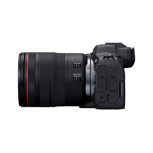 Mirrorless camera body with RF-mount telephoto lens attached, shown in side profile against white background.