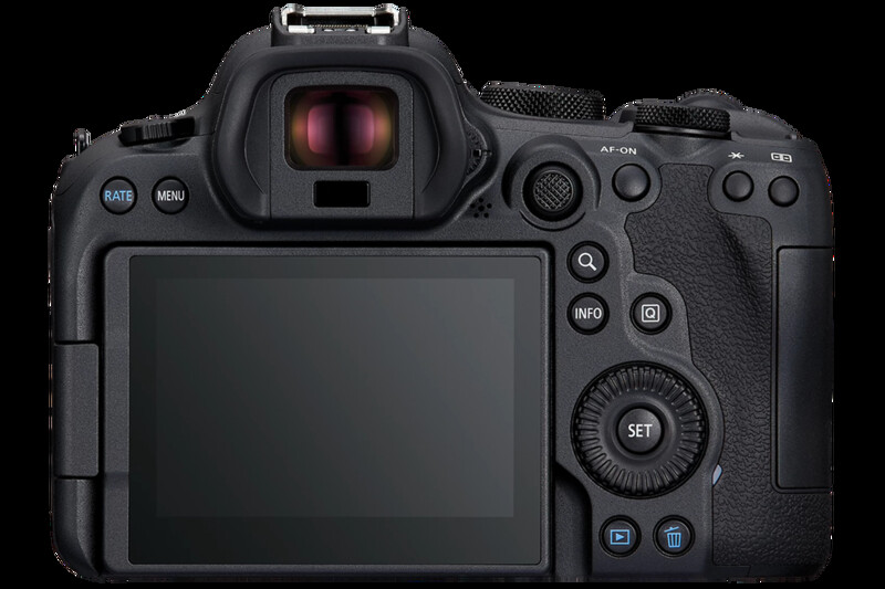 Canon EOS R5 mirrorless camera rear view showing LCD screen and control buttons.