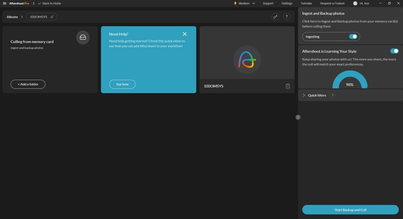 Screenshot of Aftershots Pro backup interface showing a modal dialog with cloud storage options and backup settings panel.