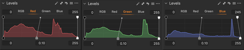 Screenshot of three RGB color channel histograms displayed side-by-side in a levels adjustment interface.