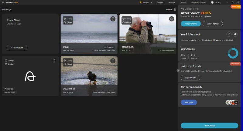 Screenshot of AfterShoot photo management interface showing album organization and editing tools.