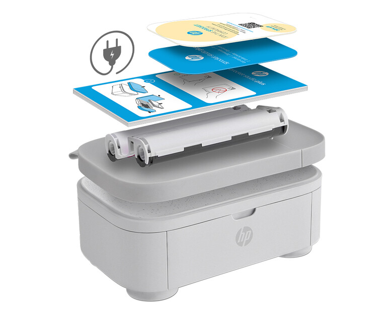 The Sprocket Studio Plus's paper tray stacks neatly on top of the printer. In this photo provided by HP, you can see the cartridge and paper supplies as well.