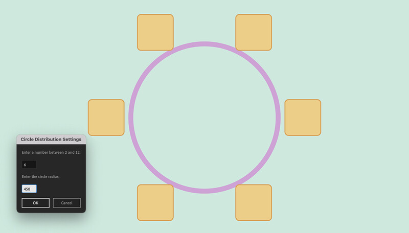 Screenshot of circle distribution settings dialog with six orange squares positioned around a purple circle outline.