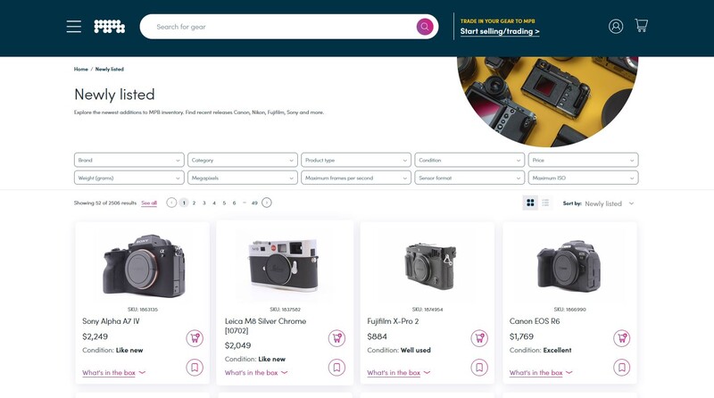 Screenshot of Fstoppers marketplace displaying newly listed camera bodies including Sony, Leica, Fujifilm, and Canon models.