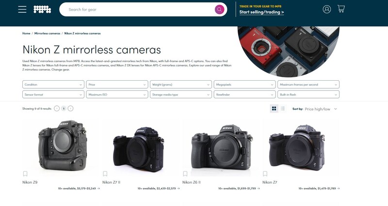 Screenshot of Nikon Z mirrorless camera product listing page showing four camera body models.