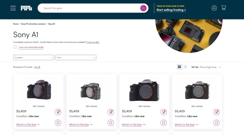 Screenshot of Sony A1 camera listing page showing four identical black mirrorless cameras priced at $5,409 each.