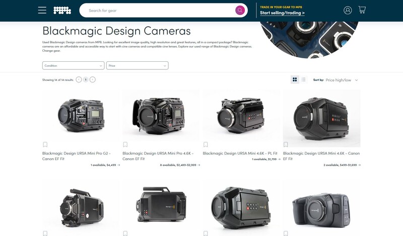 Screenshot of Blackmagic Design camera product listing page showing eight cinema camera models arranged in a grid.