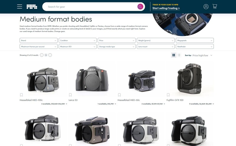Screenshot of medium format camera body product listings with eight different models displayed in a grid layout.
