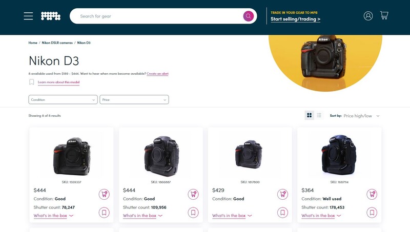 Screenshot of Nikon D3 camera listing page showing four used DSLR body options with prices and shutter counts.