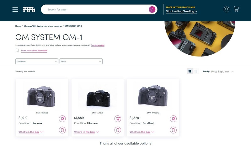 Screenshot of Om System OM-1 camera listings showing three models with pricing and condition details.