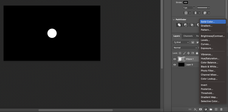 Screenshot of photo editing software showing a white circle on black background with adjustment panels open on the right.