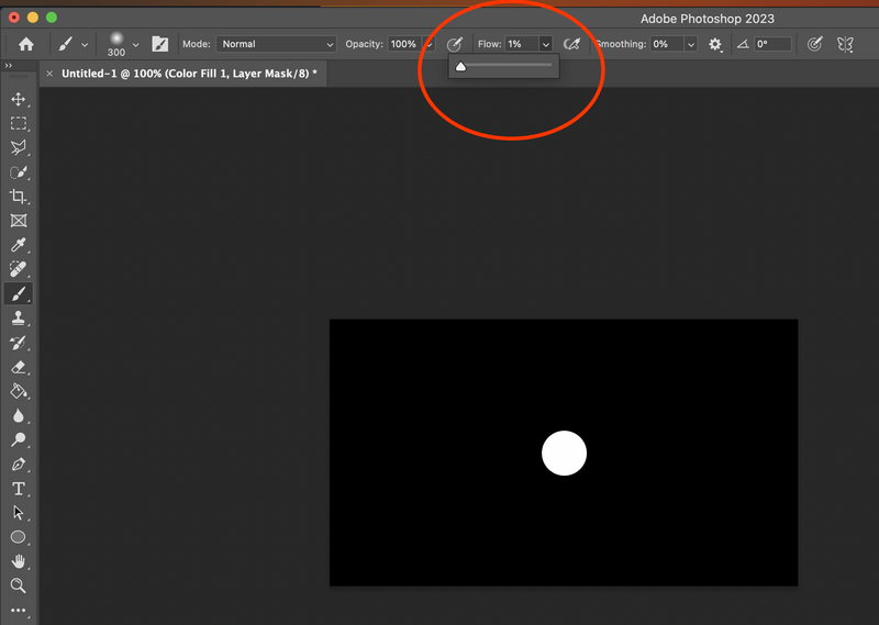 Screenshot of Adobe Photoshop 2023 interface with a black rectangle containing a white circle on the canvas.