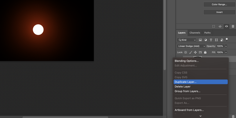 Screenshot of image editing software showing layer menu options and a bright circular light source on dark background.
