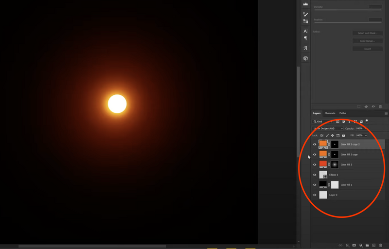 Screenshot of photo editing software showing a bright glowing orb with warm orange tones and layers panel visible.