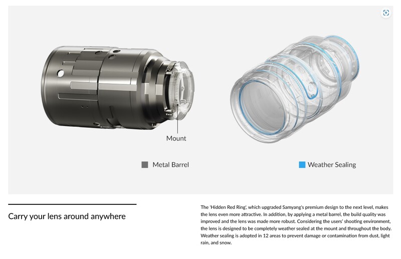 Illustration of a lens barrel and weather sealing design showing metal construction and protective layering.