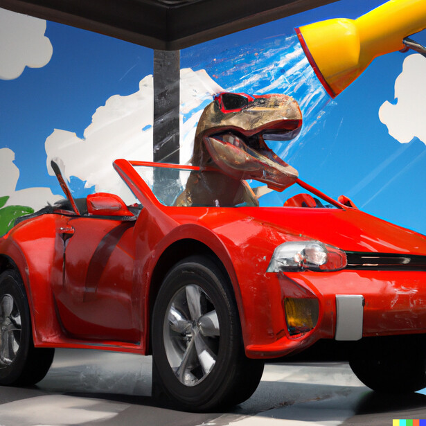 A T-rex takes a bath in a car wash, created with DALL-E 2.