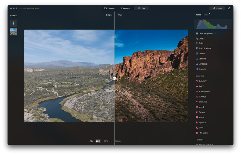 Screenshot of photo editing software showing before-and-after comparison of landscape images with adjustment panels.
