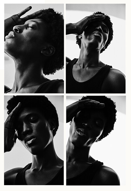 Four black and white portrait photographs arranged in a grid showing different angles and expressions of a person's face and neck.