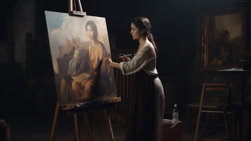 Woman in period costume painting a portrait of a figure in yellow robes on canvas in a darkly lit studio.