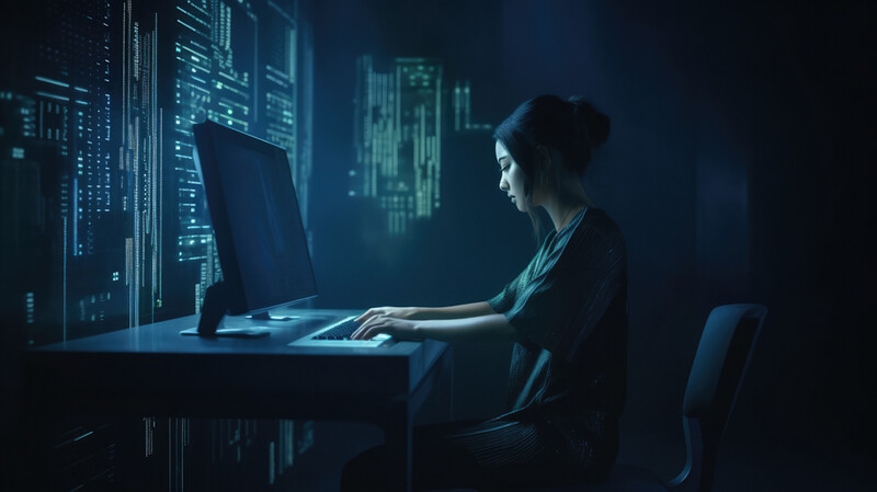 Person working at a desk in a dark room, illuminated by blue light from computer monitors displaying data visualizations.