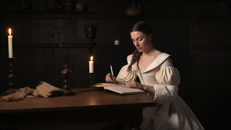 Woman in period costume writing at a wooden desk by candlelight in a dark interior.