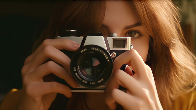 Woman holding a vintage rangefinder camera up to her face, framed by warm golden light and soft focus background.
