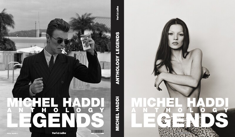 Book cover design for Michel Haddi Anthology Legends featuring split layout with black and white portrait photography.