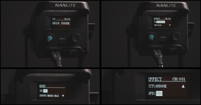 Screenshot showing Nanlite LED light control interface with color temperature and effect settings displayed across four panels.