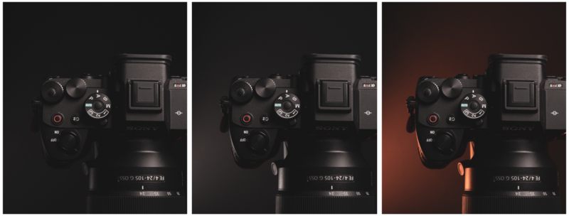 Three comparison shots of a mirrorless camera with different lighting setups against dark backgrounds.