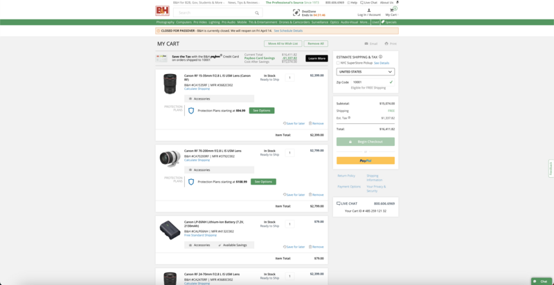 Screenshot of an online shopping cart displaying camera lenses and accessories with pricing and shipping details.