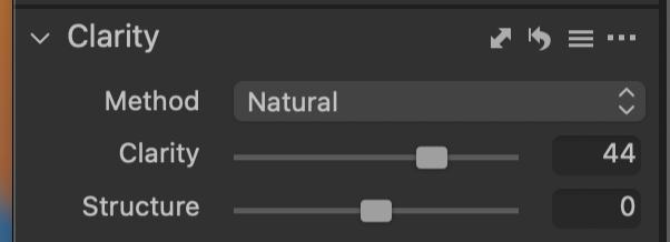 Screenshot of Clarity adjustment panel showing Natural method with Clarity slider at 44 and Structure slider at 0.
