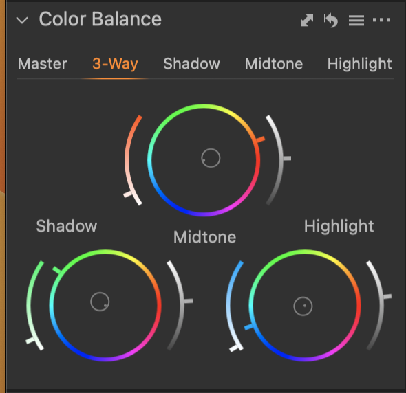 Screenshot of Color Balance adjustment panel with 3-Way controls for shadow, midtone, and highlight color grading.