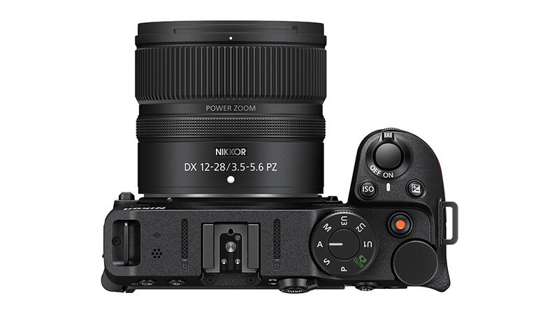 Nikon Z 30 mirrorless camera with DX 12-28mm f/3.5-5.6 PZ lens, shown from above with control dials visible.