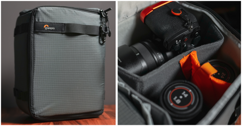 Lowepro camera backpack shown closed and with interior gear layout displayed open.