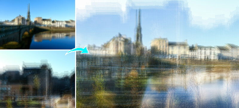 Composite image showing a cathedral reflected in still water with surrounding buildings, displayed at different blur levels.