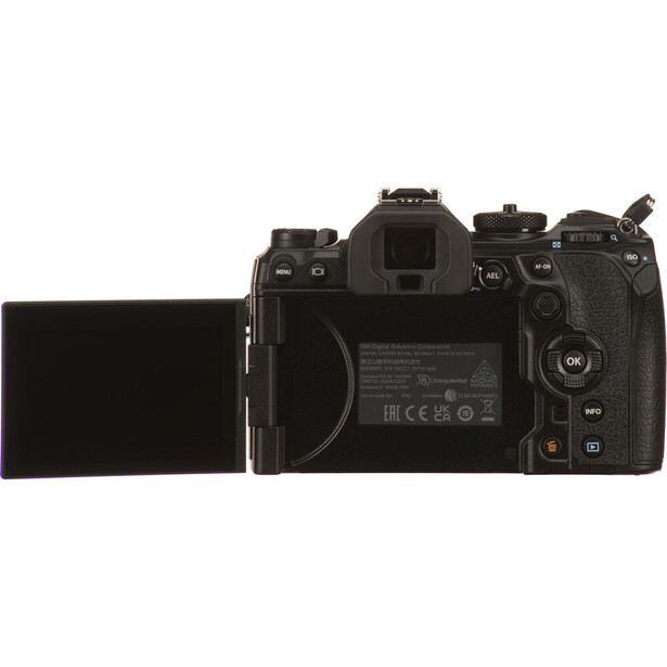 Professional DSLR camera with articulating LCD screen displayed from rear view against white background.