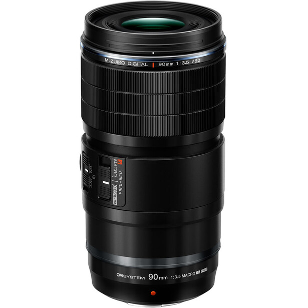 Black telephoto lens with ribbed focusing ring and visible aperture markings on white background.