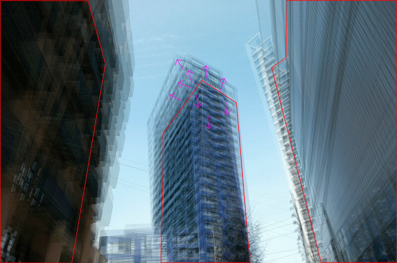 Modern residential high-rise towers photographed from ground level with red chromatic aberration effect applied.