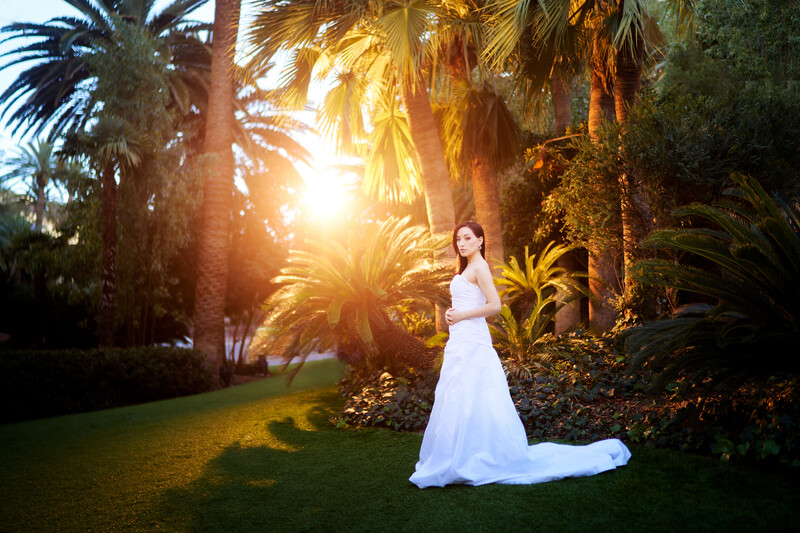 Bride in white wedding dress standing on lawn at golden hour with palm trees and bright sun in background.