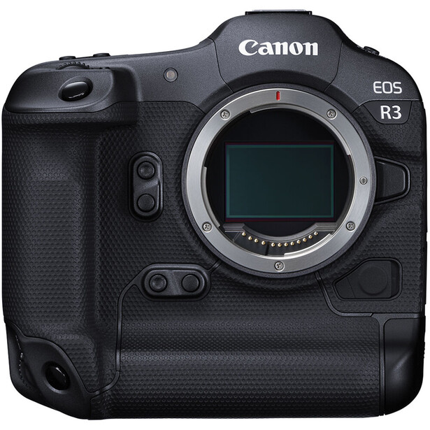 Canon EOS R3 mirrorless camera body shown from front, displaying open mirror box and sensor.