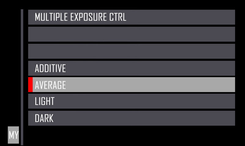 Screenshot of exposure control menu showing multiple exposure, additive, average, light, and dark options.