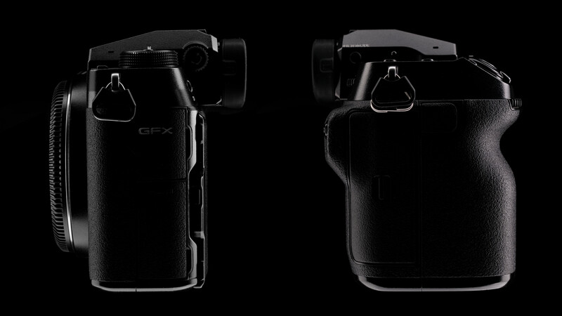 Side and rear views of a black GFX medium format camera body against a black background.
