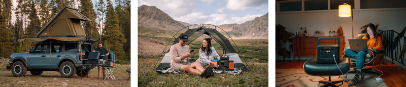 Triptych showing outdoor camping and indoor remote work setups with people in natural and home environments.