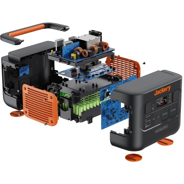 Portable power station with internal components exposed, showing battery cells, circuit boards, and connectors.