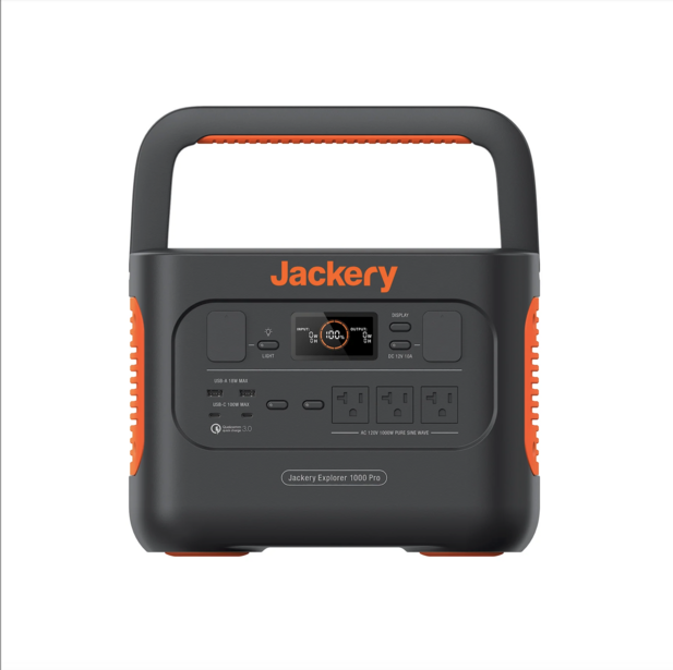 Jackery portable power station with handle, orange accents, and control panel with display screen.