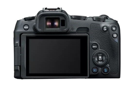 Canon EOS R5 mirrorless camera shown from rear angle, displaying LCD screen and control layout.