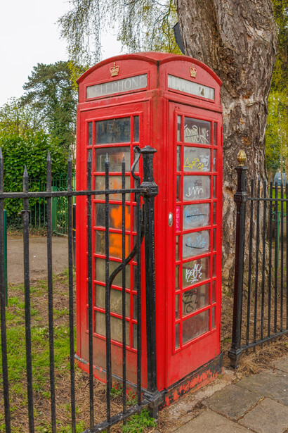 Vintage red telephone booth positioned against a large tree trunk, viewed from street level with iron railings and foliage visible.
